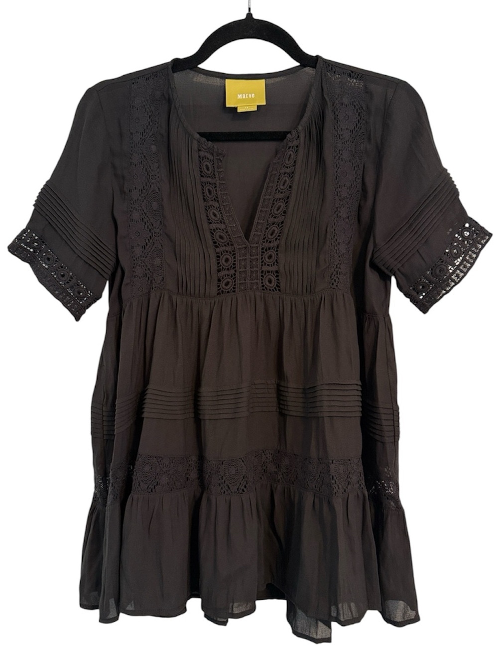 Anthropologie Maeve Black Lace and Crochet Detail Short Sleeve Blouse